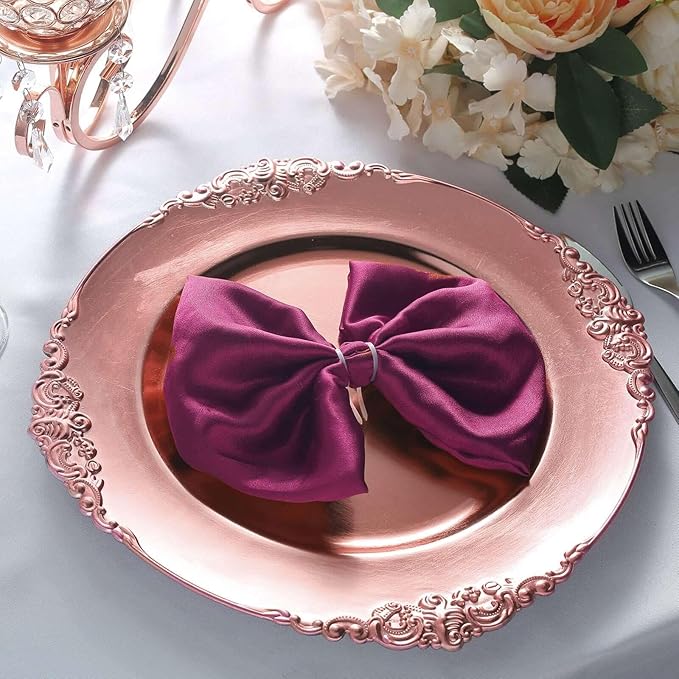 13" Charger Plates -Set of 24 - Acrylic Rose Gold Round Baroque Disposable Chargers Leaf Embossed Rim, Ideal for Dinner Party Wedding Bulk Events