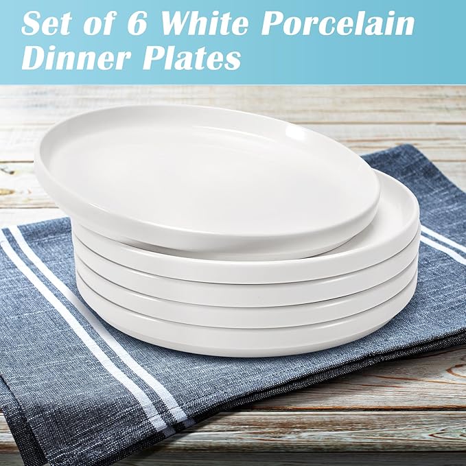 Porcelain Dinner Plates Set of 6,10 Inch Round Dessert Salad Plates,White Ceramic Dinner Plate with Lipped Edges for Dessert Salad Appetizers,Microwave,Dishwasher Safe,Scratch Resistant