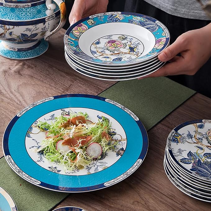 ACMLIFE Bone China Dinnerware Set for 4, 12-Piece Vintage Floral Dinnerware Set, Kitchen Plates and Bowls Set, Thanksgiving Christmas Gifts for Women (Blue)