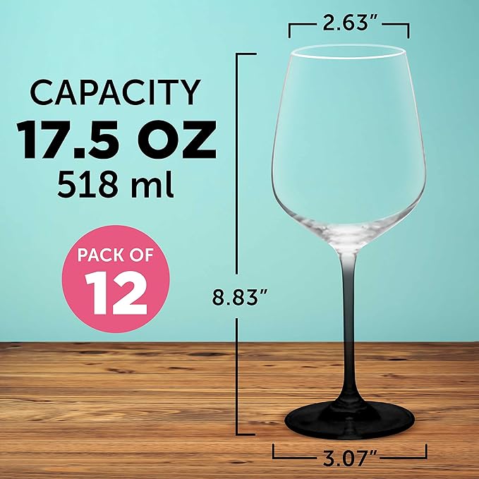DISCOUNT PROMOS Wine Glasses 17.5 oz. Set of 12, Bulk Pack - Restaurant Glassware, Perfect for Red Wine or White Wine - Black