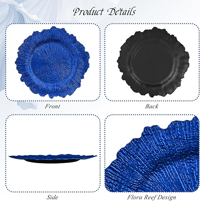 50 Pack Royal Blue Charger Plates Bulk, 13" Plastic Reef Chargers for Dinner Plates, Round Charger Plate with Floral Reef Design for Dinner Wedding Party Table Setting Decoration