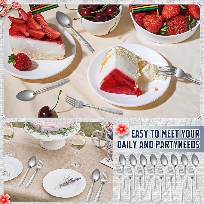 Minatee 200 Pcs Forks and Spoons Silverware Set Stainless Steel Flatware Cutlery Set Heavy Duty Metal Spoons and Forks for Kitchen Utensil Dinner Restaurant Home Mirror Polished (Flower)