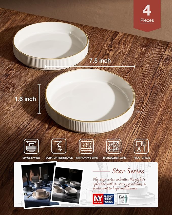 Famiware Star Dinnerware Set with Plates and Bowls, Service for 4 (16-Piece), Stoneware Kitchen Dishes Dinner Sets - Vanilla White