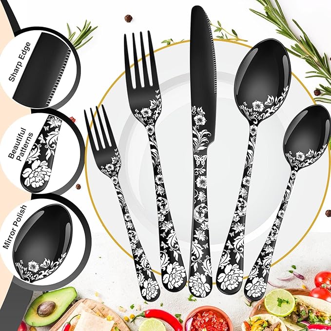 Vilihkc 20-Piece Peony Flower Pattern Design Silverware Set, Stainless Steel Flatware Set for 4, Black Cutlery, Mirror Polished Utensils, Dishwasher Safe