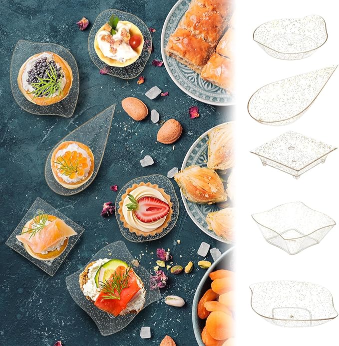 Tessco for you 100 Pcs Mini Appetizer Plates Set, Disposable Dessert Plates Assorted Shape Mini Plastic Spoons for Wedding Party Birthday (Gold)