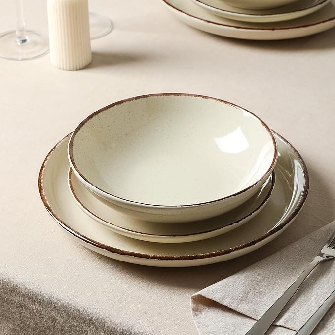 Earth and Clay Heath 12-Piece Dinnerware Set Stoneware, Plates and Bowls Set, Dishwasher and Microwave Safe, Dish Set for 4, Coffee