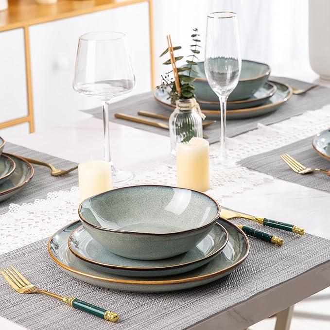 AmorArc Ceramic Dinnerware Sets,Handmade Reactive Glaze Stoneware Plates and Bowls Sets with Mugs,Highly Scratch Resistant | Dishwasher & Microwave Safe Dishes Set,Service for 4(16 Pcs)