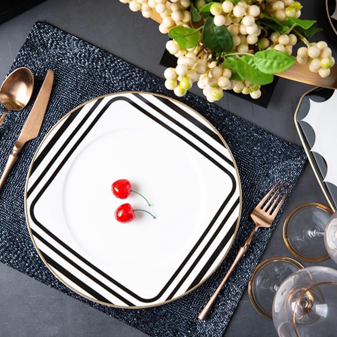 gold trim dinnerware set service for 6, 24 pieces black and white ceramic plate set, bone china plate and cup sets for hotel, birthday, Mother's Day