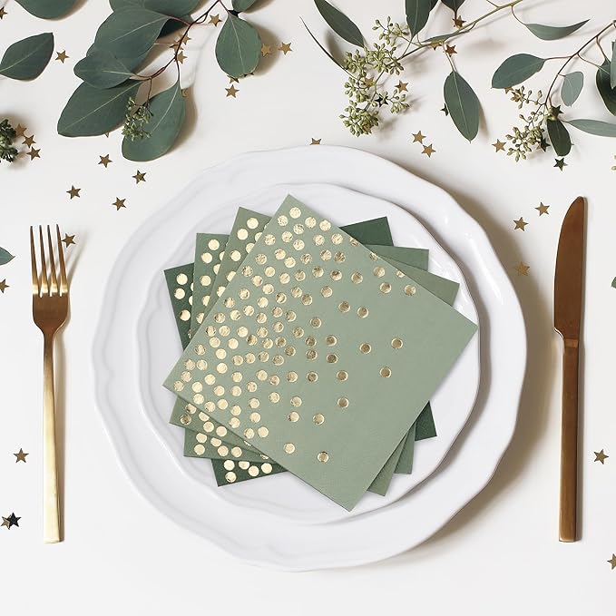 80 Pack of Paper Cocktail Napkins with Gold Foil Polka Dot Confetti，Polka Dot Party Supplies(5 x 5 in，2-ply) (80, Gradient Green)