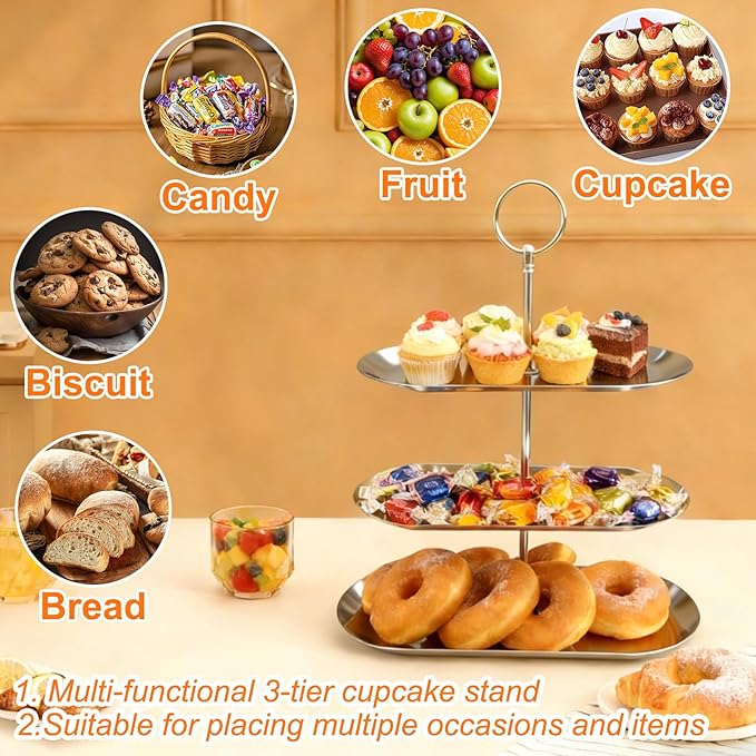 2PCS 3 Tiers Stainless Steel Cupcake Stand 3 Tiers Fruit Tray Dessert Plate Dessert Stand for Party Cupcake Display Tower for Birthday Wedding Afternoon Tea (Silver)