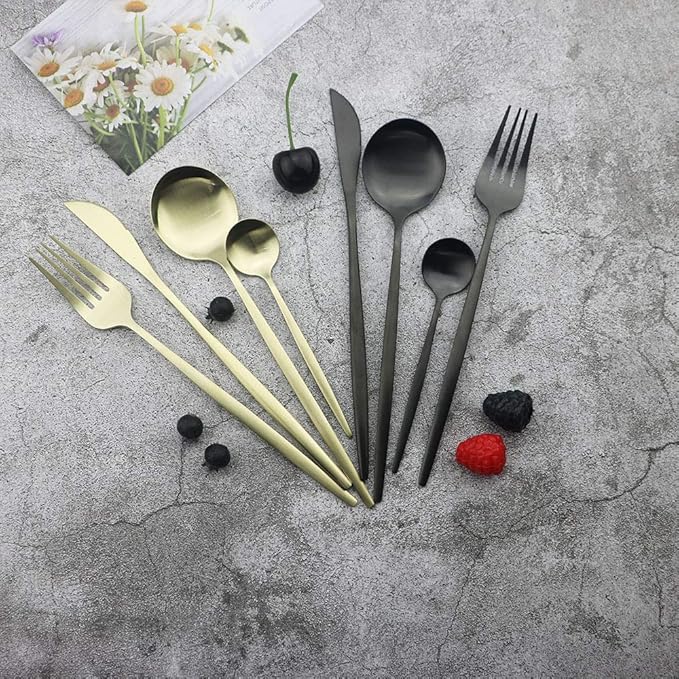 JASHII Flatware Set, 24-piece Silverware Cutlery Set with Serving Pieces, Stainless Steel Utensils, Include Knife/Fork/Spoon, Matte Finish, Dishwasher Safe, Service for 6 (Black)