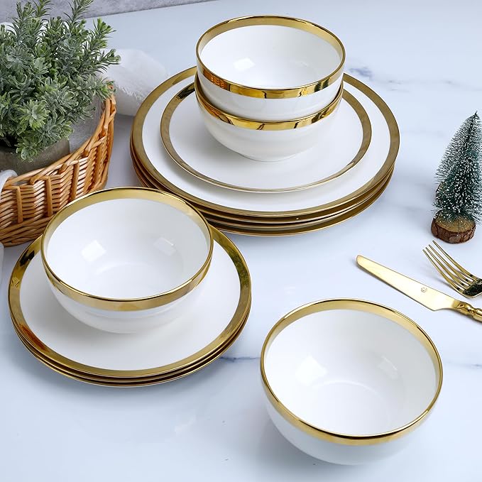 Luxury 12-Piece white Dinnerware Set with Gold Rim for 4,Elegant White bone china Porcelain Plates & Bowls, Microwave and Dishwasher Safe, Chip Resistant Fine Dining Set