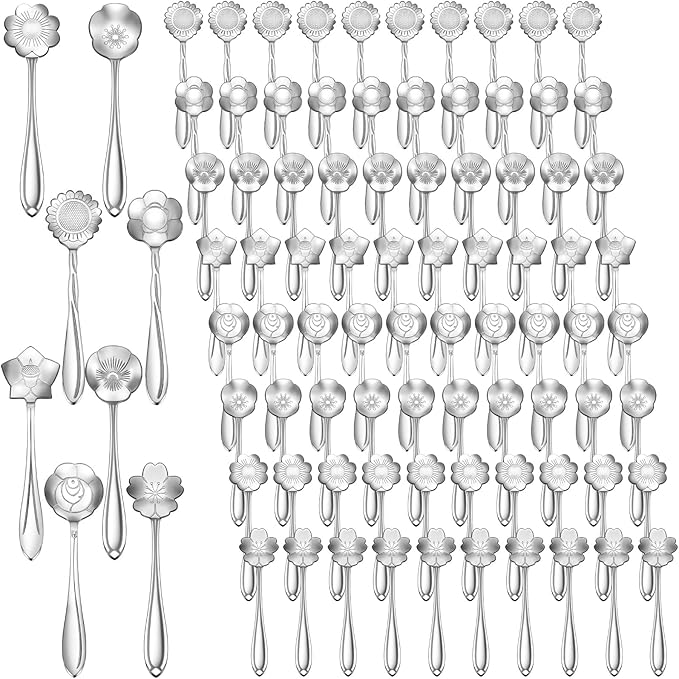 Eboot 80 Pcs Gold Flower Teaspoon Stainless Steel Tea Party Spoons Mini Cute Teaspoon Stirring Coffee Sugar Drink Demitasse Espresso Spoons for Bridal Baby Shower Wedding Party Favors Decorations