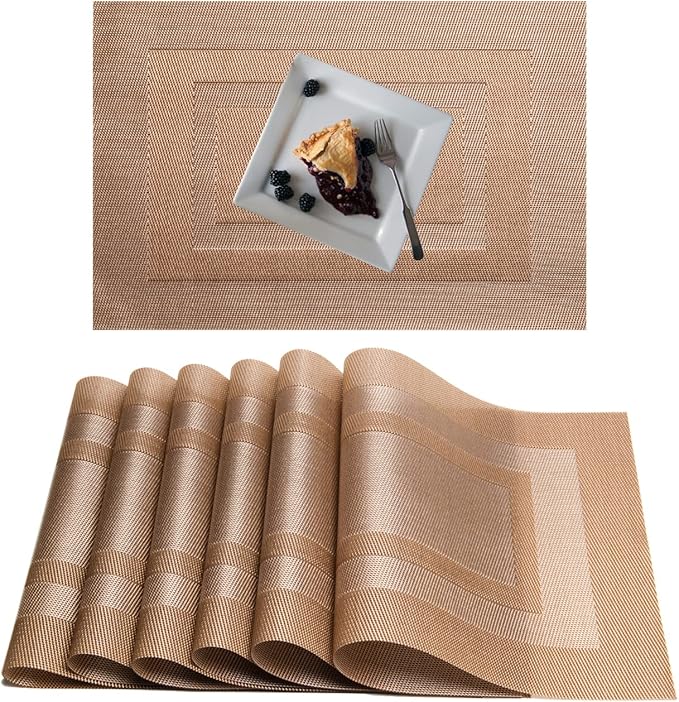 Placemats,PlasticVinyl Washable Heat-Resistant Durable PVC Non-Slip Woven for Kitchen Dining Table Mats (Set of 6, Champagne)