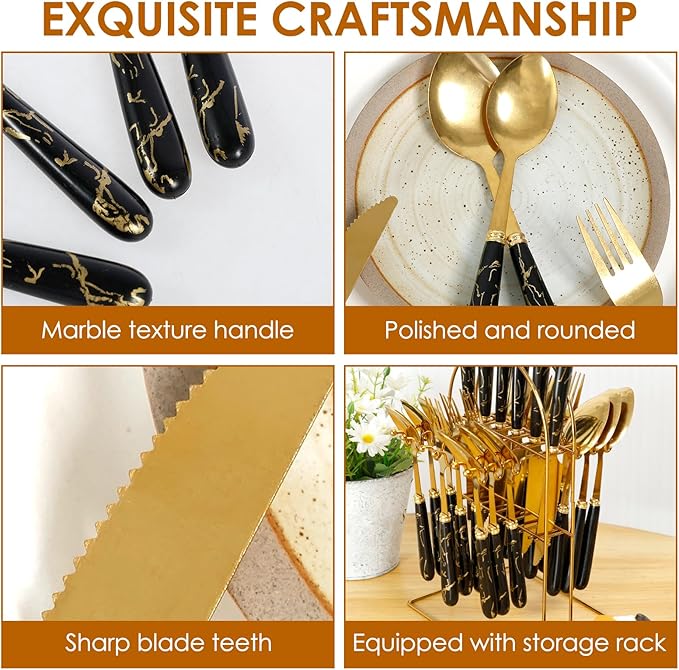 24 Pcs Silverware Set with Hanging Holder, Stainless Steel Flatware Set, Kitchen Utensil Tableware Set with Stainless Steel Knives and Forks and Spoons, Mirror Polished, Dishwasher Safe (Black)