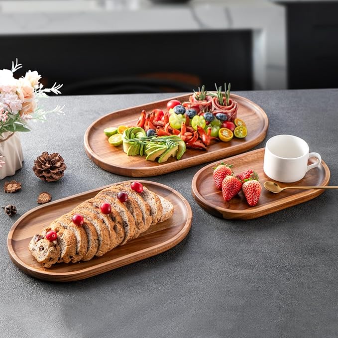 Set of 3 Wooden Tray Serving Platters Acacia Wood Serving Trays Home Decor Cheese Board Cake Plates Serving Dishes for Entertaining Kitchen Charcuterie Platter for Food Dish Dessert Snack Tray