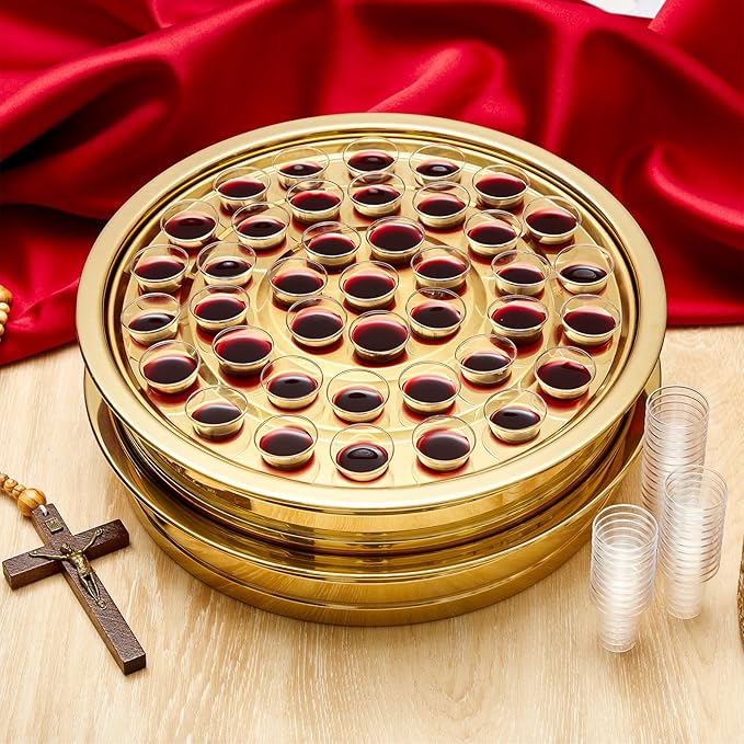 Zhehao 2 Pcs Easter Communion Trays for Churches Set Church Supplies Plates for Church with Disposable Cups (Gold)