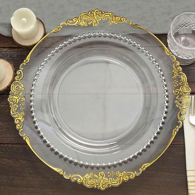 Efavormart 10 Pack | 10" Clear/Silver Beaded Rim Plastic Dinner Plates, Disposable Round Party Plates