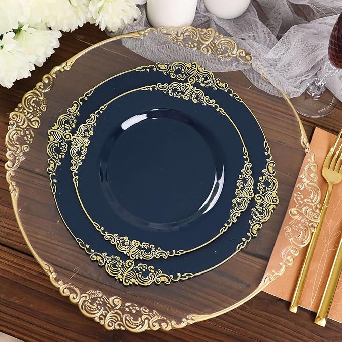 10" Dinner Plates -Set of 20 - Plastic Navy Blue Round Baroque Disposable Chargers Leaf Embossed Rim, Ideal for Dinner Party Wedding Bulk Events