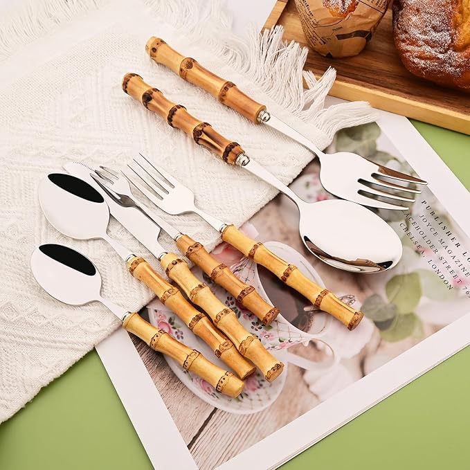 Mirror Polished Silverware Set for 6 - Bamboo Handle Cutlery Set - Stainless Steel Flatware Serving Set for Home Restaurant Wedding and Parties - 30 Pieces Eating Utensils