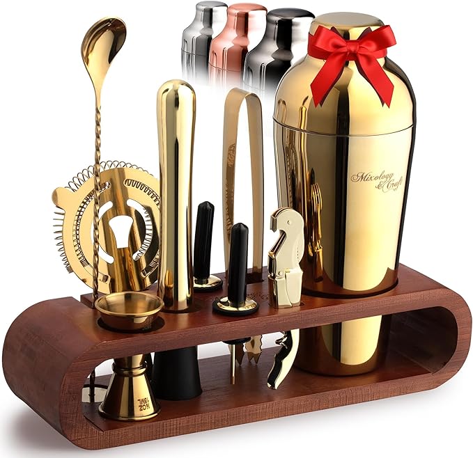 Mixology & Craft Bartender Kit: 10-Piece Cocktail Shaker Set with Dark Bamboo Stand | Complete Cocktail Kit Gift Set | Top Bartender Gifts for Men & Women | Leak-Proof Design (Gold)