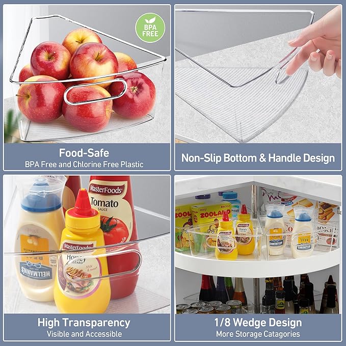 Leeden Lazy Susan Organizer for 32" Diameter Corner Lazy Susan, Plastic Kitchen Cabinet Storage Bins with Handle, 6 Packs, 1/8 Wedge - Food Safe, BPA Free
