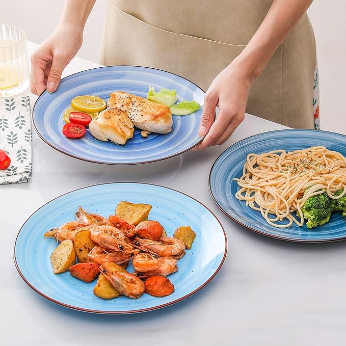 KitchenTour Large Ceramic Dinner Plates, 10 Inch Porcelain Serving Plate for Salad, Dessert Pizza Steak Pasta Plates Set, Dishwasher and Microwave Safe - Set of 6, Assorted Cool Colors