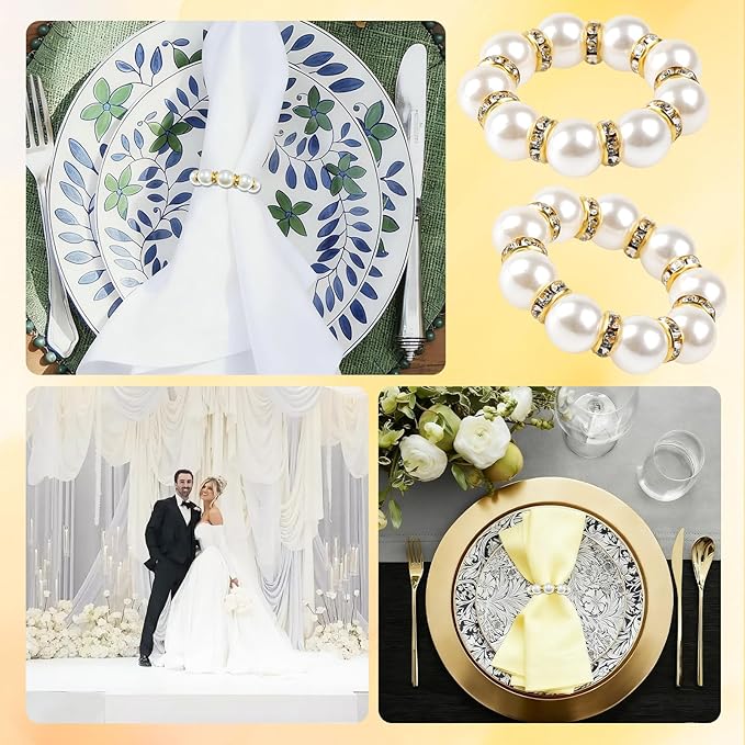 20PCS Gold Napkin Rings Imitation Pearl Napkin Rings Napkin Holder Elegant Round Napkin Buckles Beaded for Wedding Party Dinner Holiday Christmas Thanksgiving Day Home Table Decoration(White and Gold)