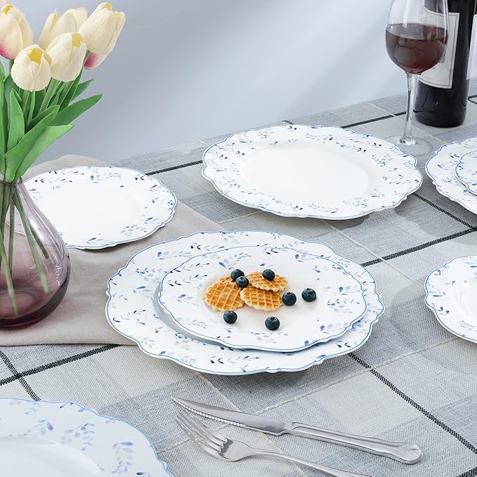 Fanquare Blue Leaves 8" Porcelain Dessert Plates Set - White Ceramic Small Dinner Plates