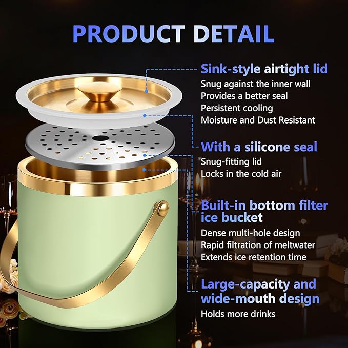 Ice Bucket, Ice Bucket with Silicone Sealing Ring Double-Wall Vacuum Insulation Champagne Buckets with Filter Layer Ice Tongs Ice Scoop (Fruit Green, 4 L)