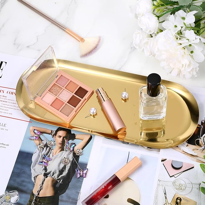 4 Pack Gold Stainless Steel Decorative Trays, 12 Inch Oval Jewelry Dish Cosmetics Organizer Bathroom Clutter Serving Platter Small Storage Tray