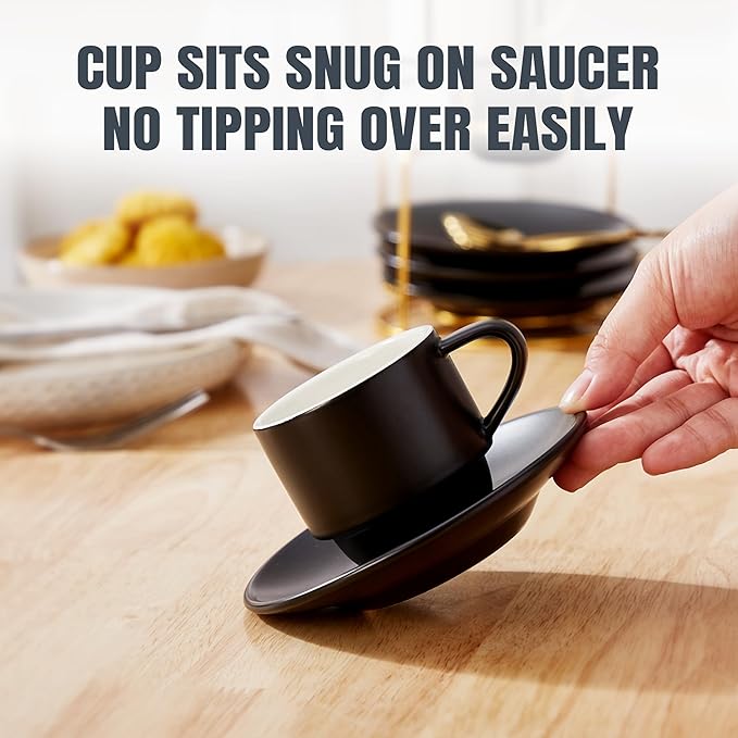 Lareina Porcelain 3-Ounce Espresso Cups Set of 6, Small Stackable Coffee Cups with Saucers, Spoons and Metal Stand - Ceramic Demitasse Mugs, Double Shots Expresso Cup, Matte Black