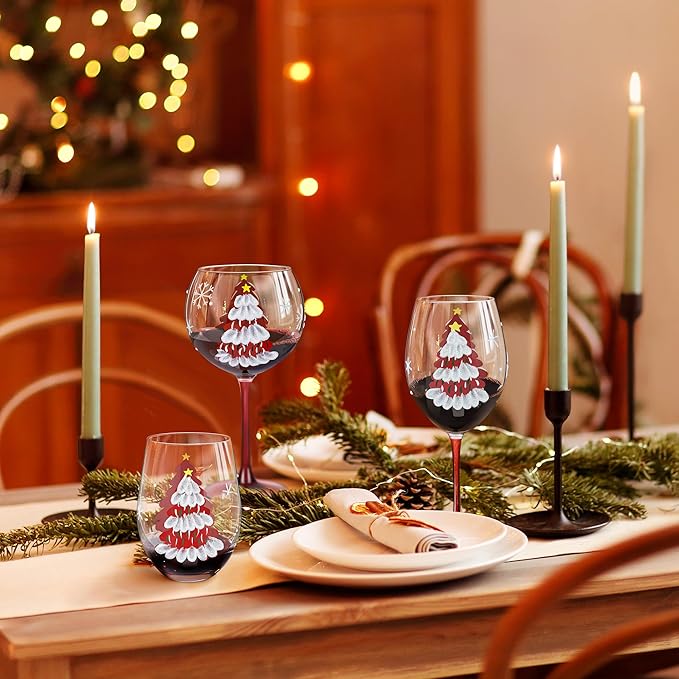 Joeyan Christmas Crystal Balloon Wine Glasses,Hand Painted Large Wine Goblet Glass Cups with Stem,Gin Tonic Cocktail Drinking Glasses with Red Xmas Tree and Snowflakes Patterns,19.5 oz,Set of 2