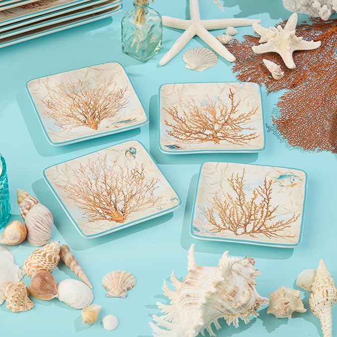 Escape to the Sea 6-Inch Canape Plates, Set of 4, Coastal Seashell & Coral Design, Durable Ceramic, Lightweight & Dishwasher Safe, Elegant Ocean-Inspired Plates for Appetizers & Desserts