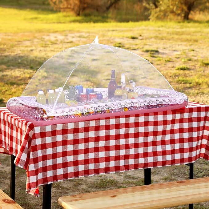 8 Pcs Glitter Inflatable Serving Bar Kit Includes 2 Salad Buffet Tray with Drain Plug 5 Mesh Food Cover 1 Inflator Inflatable Food Drink Containers for Outdoors Pool Party Camping(Rose Gold)