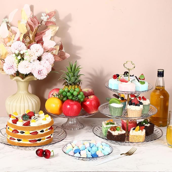 6 Pcs Acrylic Cake Stands Set Include Display Risers Cupcake Tower and Clear Round Dessert Trays Cake Table Holder for Wedding Baby Shower Decoration (Vivid Style)