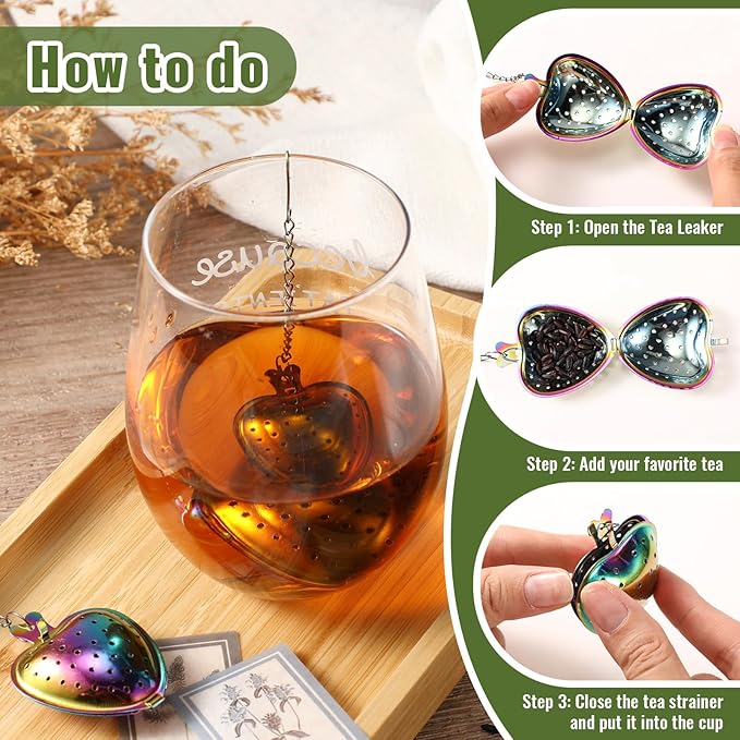 Sumind 50 Pcs Stainless Steel Tea Strainer Ball Infuser Loose Leaf Steeper Interval Diffuser Heart Shape Mesh Filters with Extended Chain Hook for tea party Seasonings Cup Bottle(Rainbow)