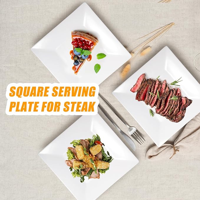 7.8 Inch Appetizer Plates, 6 Pack Porcelain Square Dinner Plates, Square Serving Plate, Serving Dishes for Steak, Snacks, Salad,Pasta, White
