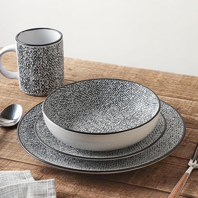 Stone Lain Sophie Rustic Stoneware Dinnerware Service for 4, Black and White Textured, 16 Pieces