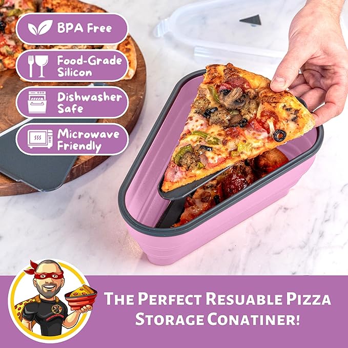 PIZZA PACK The Perfect Reusable Pizza Storage Container with 5 Microwavable Serving Trays - BPA-Free Adjustable Pizza Slice Container to Organize & Save Space, Pink 4 pk
