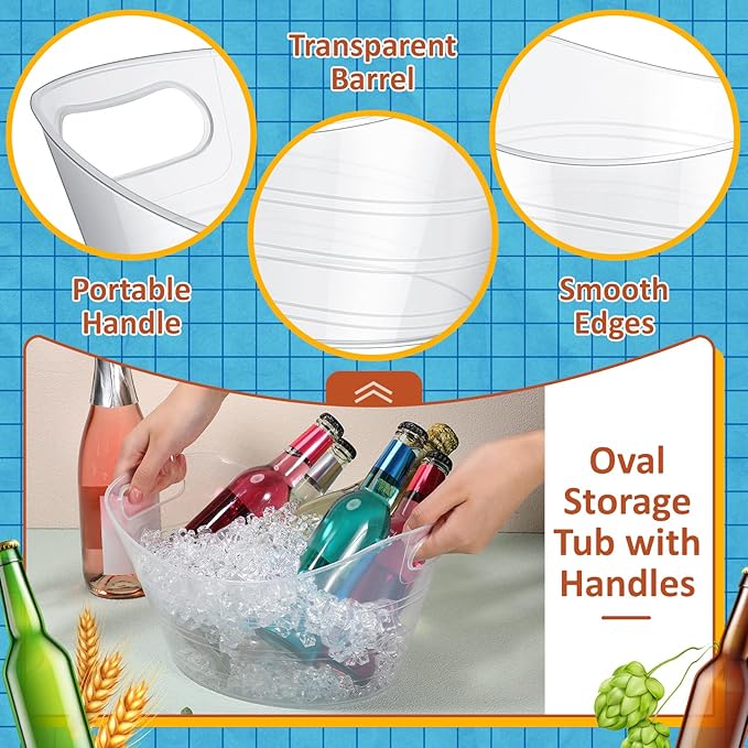 Norme 24 Pcs Oval Storage Tub with Handles 4.5L Plastic Ice Bucket, Wine, Beer, Champagne Drink Cooler for Parties, Beverage Storage Basket(Clear)