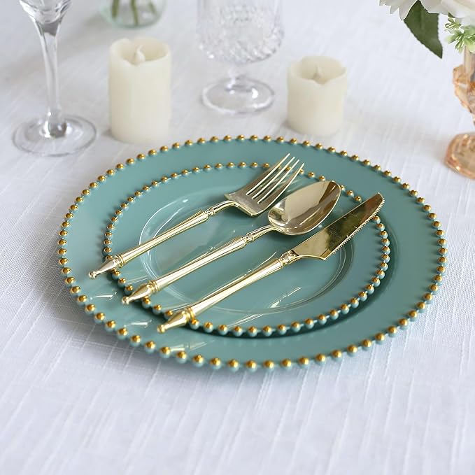 8" Salad Plates - Set of 20 - Plastic Dusty Sage Green/Gold Round Disposable Dessert Appetizer Plate Beaded Rim, Ideal for Dinner Party Wedding Bulk Events