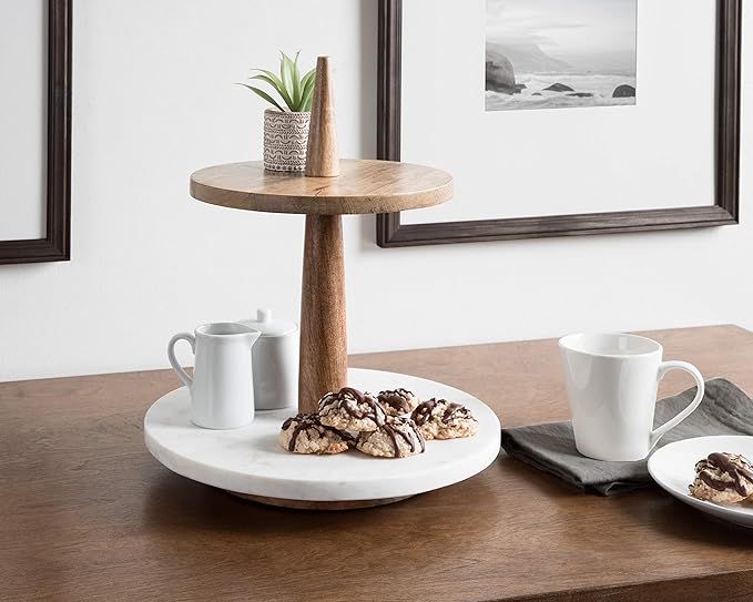 Kate and Laurel Praxis Modern 2-Tier Tray, 12 x 12 x 15, Natural Wood and White Marble, Decorative Farmhouse Serving Tray for Display