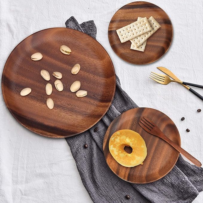 Ayiaren 12 Inch Best Acacia Wooden Dinner Plates Set of 2, Round Wood Serving Tray Wooden Plates for Eating Salad Fruit Food Dishe Platter Charcuterie Boards Charger Plate Cheese Serving Board