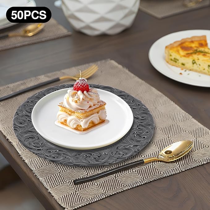 50 Pcs Antique Charger Plates Bulk 13" Round Floral Chargers for Dinner Plates, Black Charger Plates for Wedding, Party, Elegant Tabletop Decor (Black)
