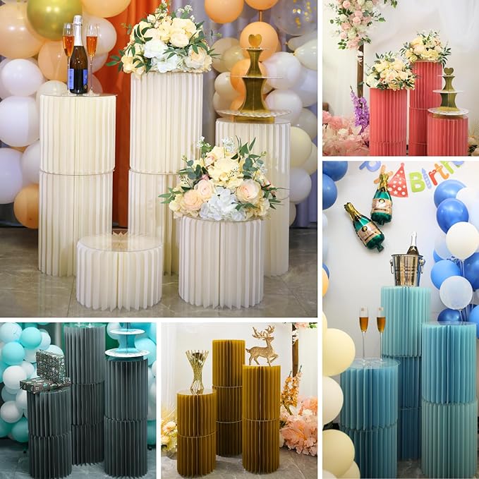 Stacking-Block Design Cake Stands for Party, Customizable Height, Sturdy Cardboard Column with Clearance Acrylic Plate, Reusable Round Cylinder Stands for Party for Birthday, Milky White