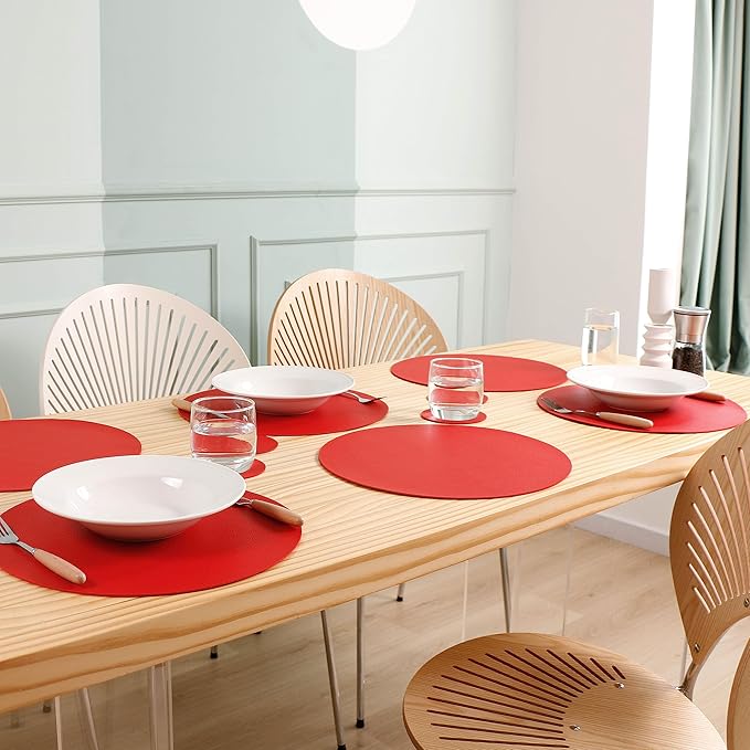 Wipeable Placemats and Coasters Leather Table Mats Waterproof Heat-Resistant Easy to Clean for Dining Table Set Kitchen Table Set of 6, Red