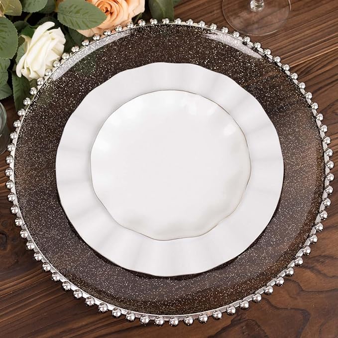 Efavormart 6 Pack | 12" Black/Silver Glitter Acrylic Plastic Charger Plates With Beaded Rim