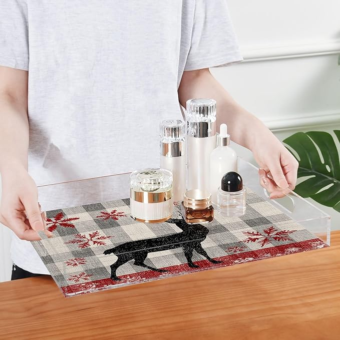 Serving Tray with Handles Clear Acrylic Tray 12x16 Inch Decorative Rectangular Tray Organizer for Ottoman Coffee Table Bathroom Grey Checkered Christmas Deer