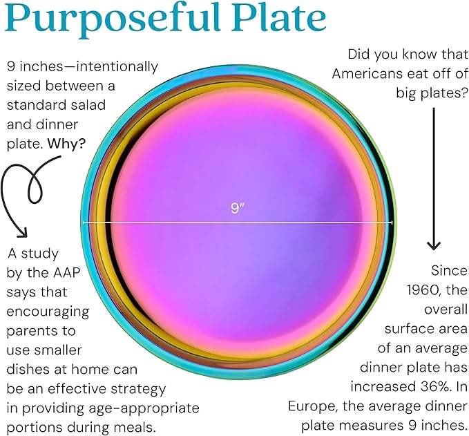 Ahimsa Stainless Steel Kids Plates, 9" Colorful Stainless Steel Plate, Pediatrician Designed & Non Toxic, Unbreakable, Dishwasher Safe, Rainbow